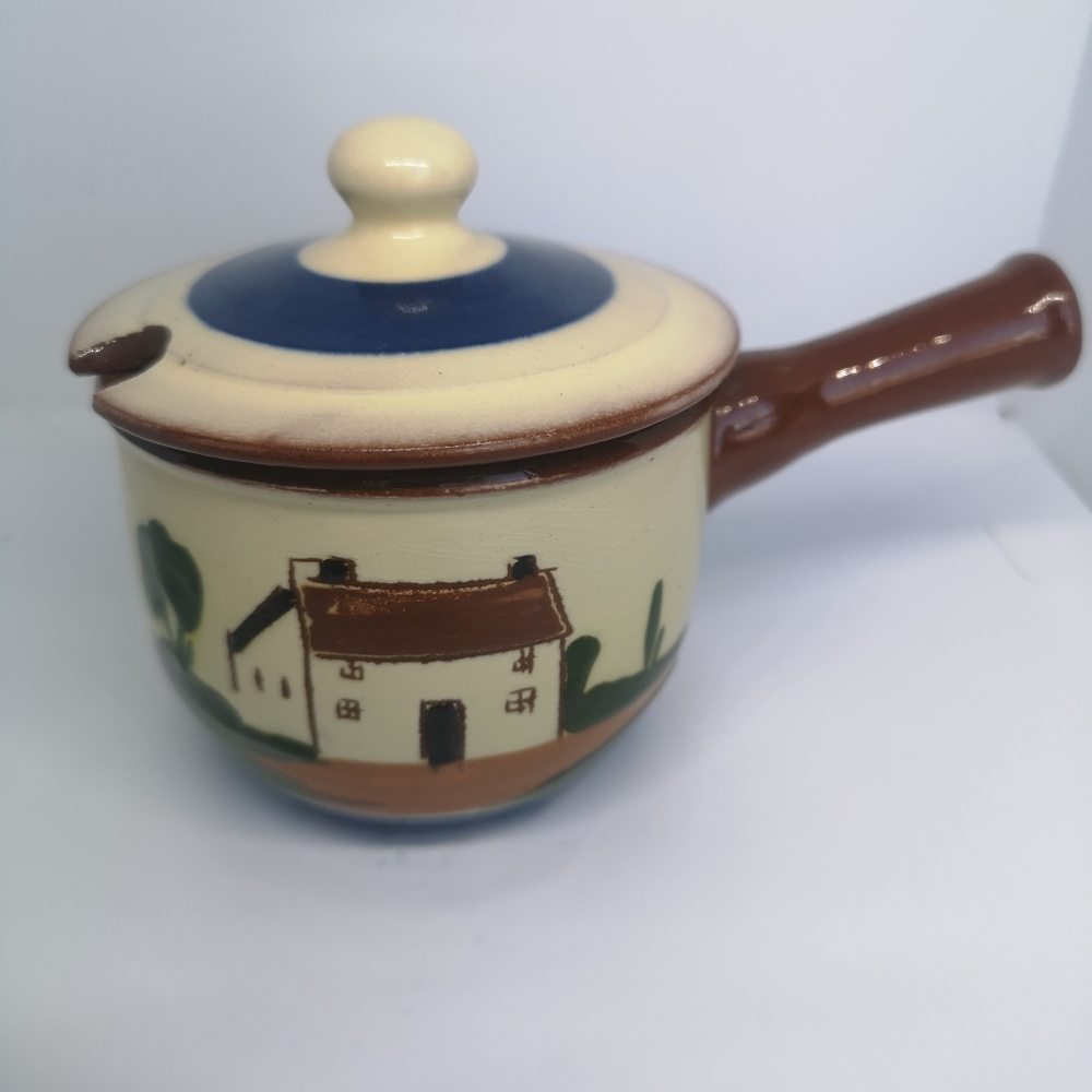 Vintage England Torquay Motto Hand-Painted Pottery 3" Tall, Jam Pot With Lid